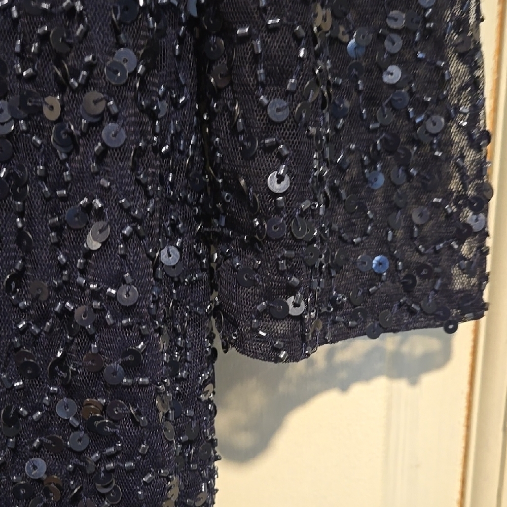 Mac Duggal Navy Long-Sleeve Sequin Evening Dress with Floral Hem - Picture 4 of 9